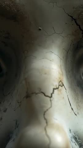 Moving vertical camera revealing cracked porcelain mask close-up in dusty ceramic workshop