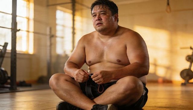 Overweight asian man resting post-workout on gym floor sweating and catching breath