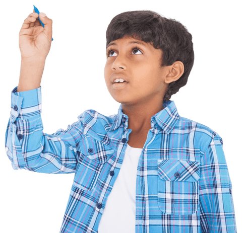 Transparent background boy smiling while writing