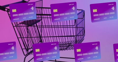 Digital credit card icons floating over shopping cart