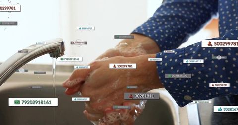 Washing hands under faucet with floating technology overlay
