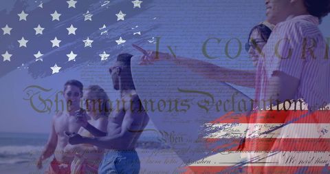 Diverse Friends Embracing American Spirit on Beach