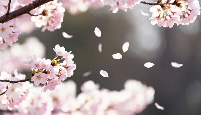 Pale pink cherry blossom petals drifting in soft spring breeze