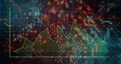 Holographic financial line chart glowing over circuit grid displaying metric 91.80