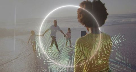 Family running on beach at sunset while woman filming with smartphone and palm overlay