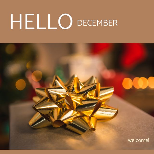 Hello December Greeting with Christmas Present and Golden Ribbon - Download Free Stock Templates Pikwizard.com