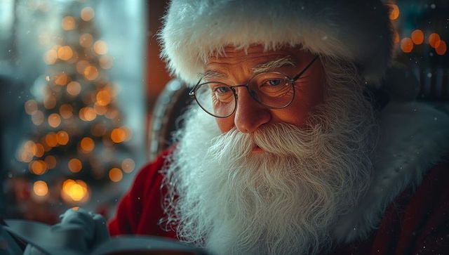 Santa claus reading letter by christmas tree with warm lights
