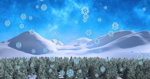Scenic Winter Wonderland with Snowflakes Falling on Snowy Mountains and Evergreen Forest