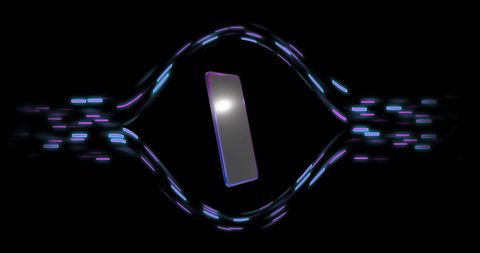 Smartphone surrounded by neon light trails indicating connectivity