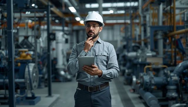 Bearded Engineer Inspecting Industrial Plant with Tablet and Hard Hat in Factory