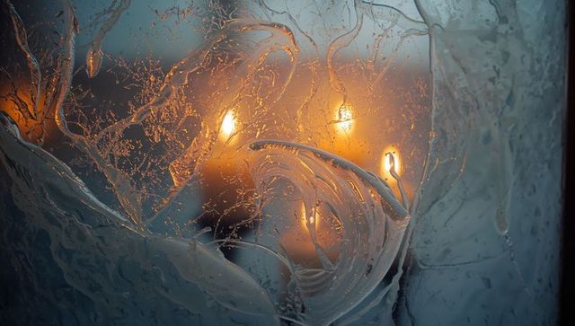 Warm bulbs through frosted foggy window with abstract foam streaks