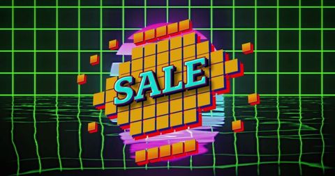 Retro Futuristic Sale Banner with Neon Grid and Water Reflection