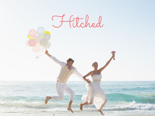 Celebrating love and commitment, a joyful couple leaps on the beach with balloons, embodying freedom and happiness. This template could also serve for engagement announcements or summer event invitations.