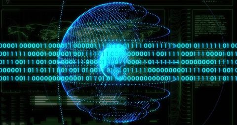 Holographic globe revealing skull silhouette with streaming binary across cyber HUD
