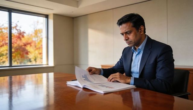 Executive reviewing financial charts at boardroom table with autumn window light