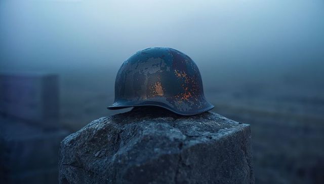 Vintage steel helmet on weathered block in misty field