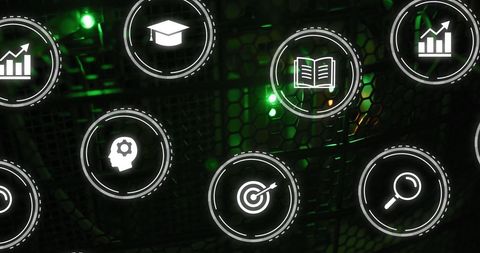 Digital Interface Icons Over Computer Server Close-Up