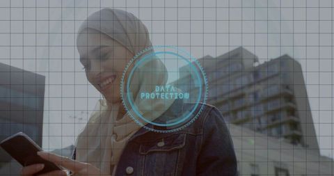 Muslim woman using smartphone showing data protection overlay in modern urban plaza