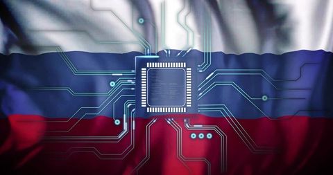 Russian flag merging with glowing microchip and radiating circuitry for cyber tech