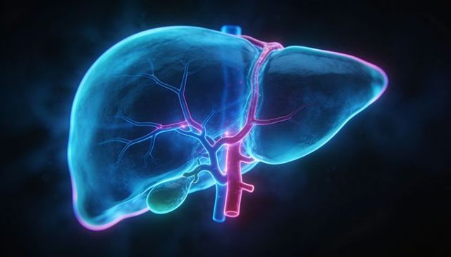 Neon 3D Liver Anatomy Highlighting Portal Vein, Hepatic Vessels and Gallbladder