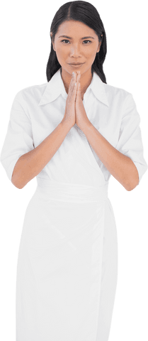 Elegant model with joined hands on transparent background