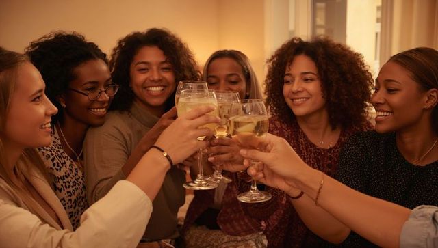 Diverse friends toasting with white wine in cozy living room celebration at home