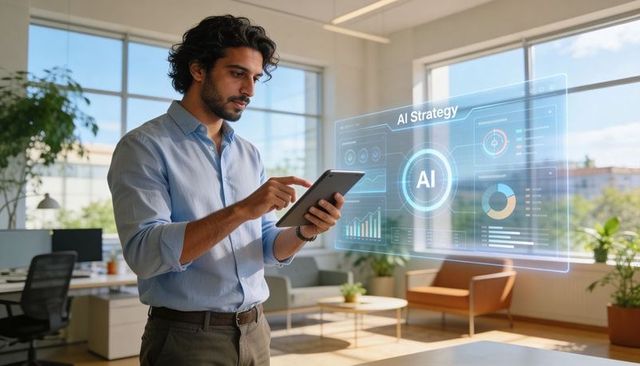 Tech Professional Using Tablet with Holographic AI Strategy Dashboard in Modern Office