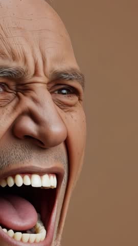 Close-up vertical video showing man furrowing brows, widening eyes and shouting with intensity