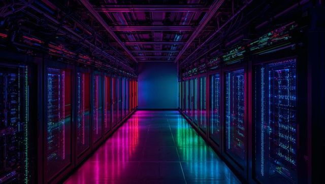 Futuristic Data Center with Glowing Server Racks