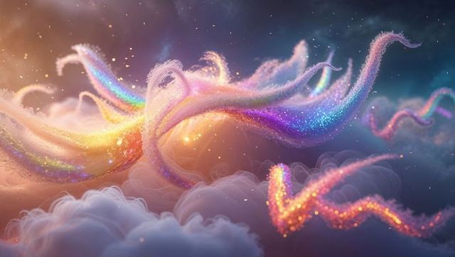 Colorful Ethereal Ribbons Twisting Above Mystical Clouds