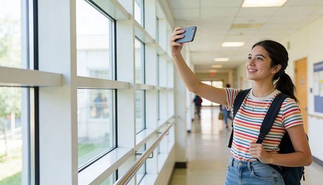 Teen girl taking selfie in bright school corridor wearing striped t-shirt and backpack