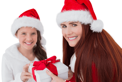 Caucasian Mother and Daughter in Santa Hats with Christmas Gift