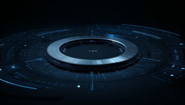 Metallic Torus Holographic Interface Hovering Over Futuristic Blue Data Dashboard HUD