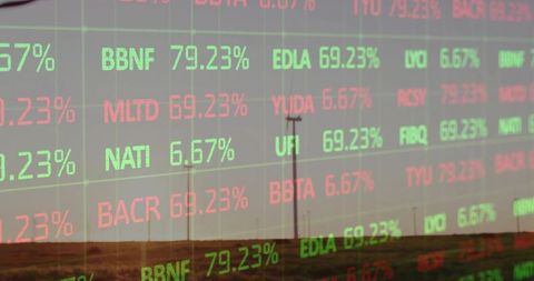 Displaying stock market ticker overlay on wind farm horizon at twilight