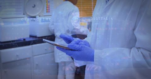 Cybercrime concept with scientist and data overlay