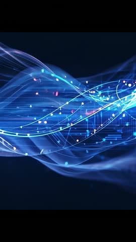 Vertical Neon Data Ribbons Flowing with Particles for Tech and Digital Videos