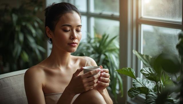 Young woman holding steaming cup in sunlit plant-filled living room, serene morning ritual