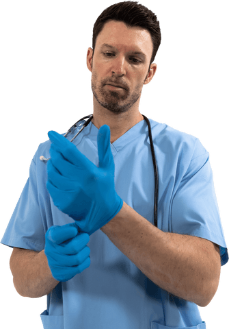 Transparent doctor wearing gloves preparing for procedure