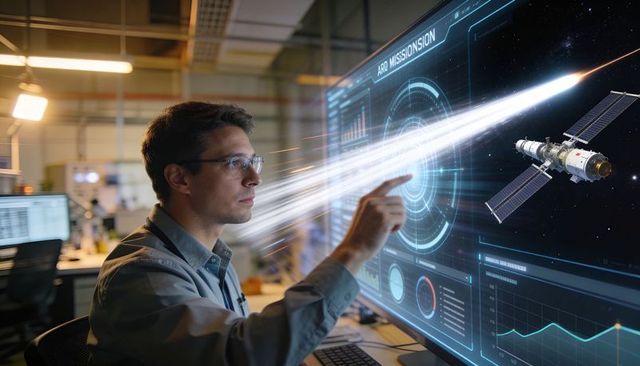 Engineer Analyzing Holographic Satellite Telemetry in Mission Control with AR Interface