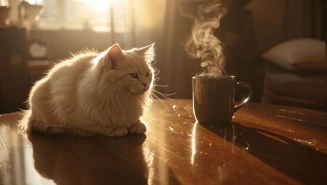 Fluffy cream long-haired cat loafing on cozy sunlit wooden table near steaming ribbed mug