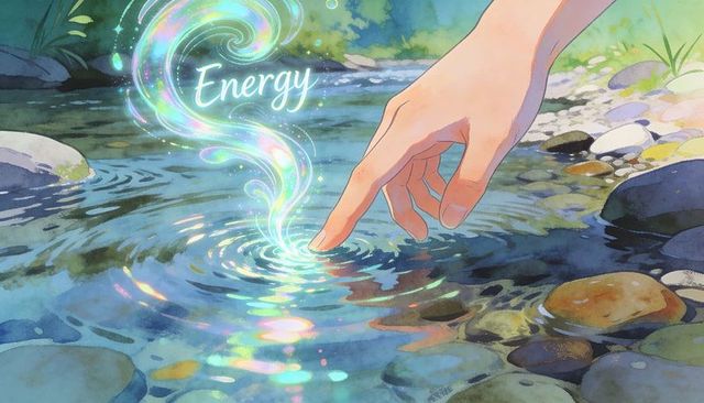 Bare hand touching stream creating iridescent energy swirl, ripples and glowing aura