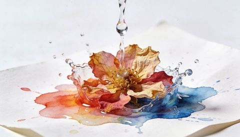 High-speed water splash striking dried layered flower on watercolor pigments, color burst
