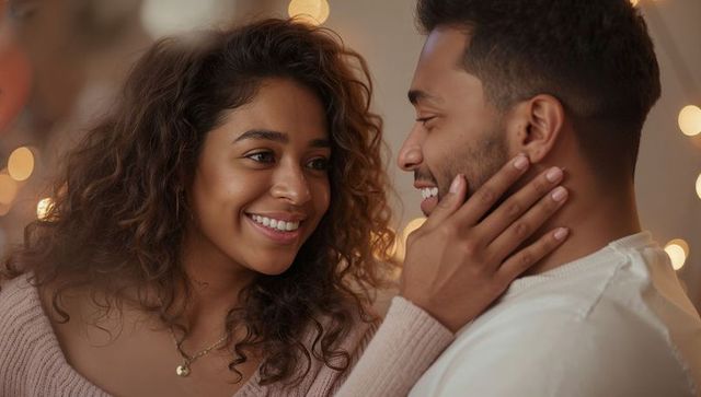 Smiling couple sharing intimate moment, woman touching man's cheek, knit sweaters, gold pendant