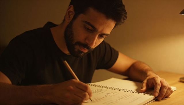 Bearded man sketching flowchart at desk under warm lamp light, concentrating on plan