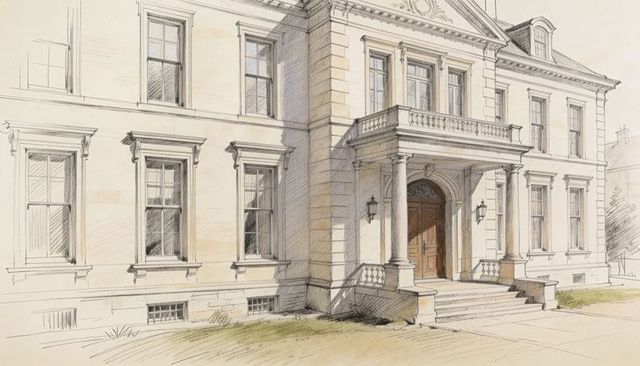 Neoclassical mansion entrance sketch showing portico, columns, balustrade and wooden double door