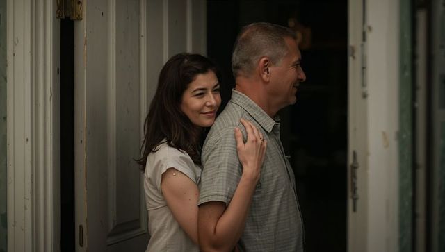 Woman embracing partner from behind in cozy doorway showing ring and warm smile