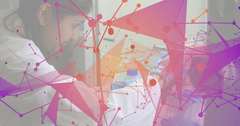 Indian clinician leaning over patient bed checking vitals with neon network overlay