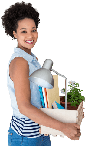 Young Woman Carrying Crate with Office Supplies, Transparent Background