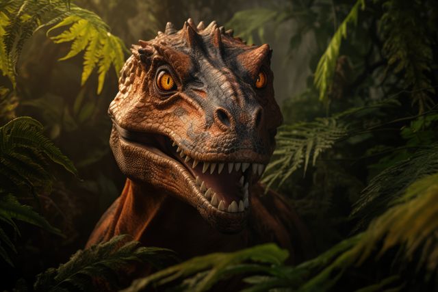 Ferocious dinosaur emerges from dense jungle greenery with sharp teeth visible. Perfect for educational material, children's books, sci-fi content, or promoting adventure-themed attractions.