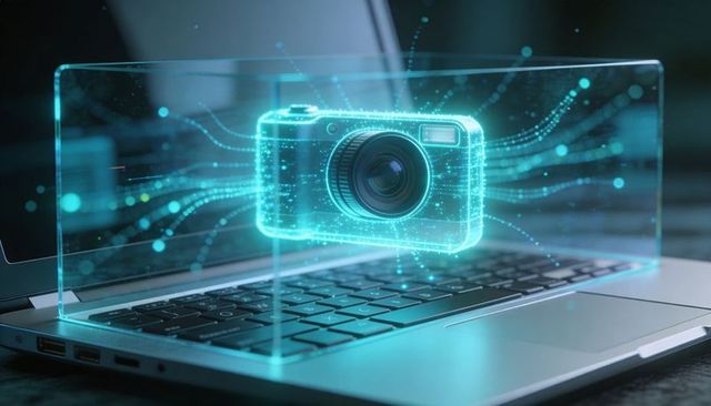 Cyan-teal holographic camera projecting over laptop keyboard, streaming data and light